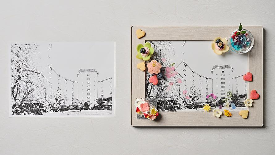 「春アート」Before & After。左(Before):イラストのみ、右(After):額縁に入れた押し花にスイーツをレイアウトした完成ver.